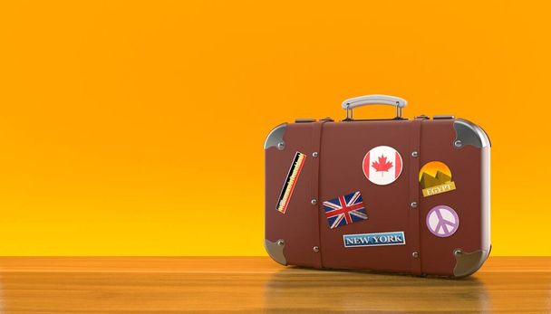 Cestovní kufřík na oranžovém pozadí. 3D ilustrace - Fotografie, Obrázek