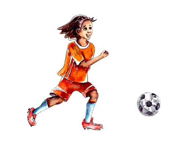 Ilustración de acuarela pintada.Deportes infantiles.Los niños juegan al futbol.Un jugador de fútbol masculino con un uniforme naranja con un número corre por la bola.Aislado sobre un fondo blanco
 - Foto, imagen