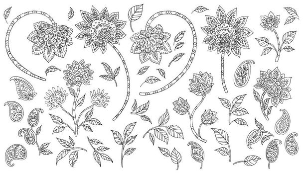 Hand-drawn flowers and leaves, Paisley Style, white background - Fotografie, Obrázek
