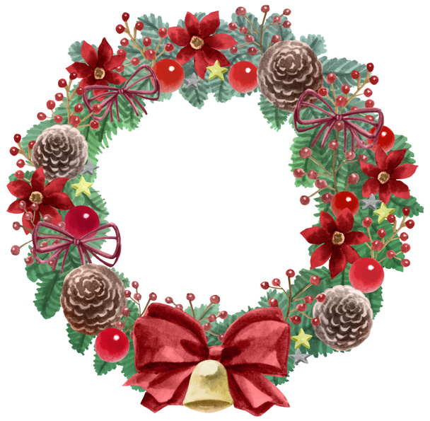 Dibujo de acuarela, Flores y hojas, Corona de Navidad
 - Foto, Imagen