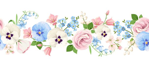 Vector horizontal seamless border with pink, white and blue lisianthuses, pansies, bluebells and forget-me-not flowers on a white background. - Διάνυσμα, εικόνα