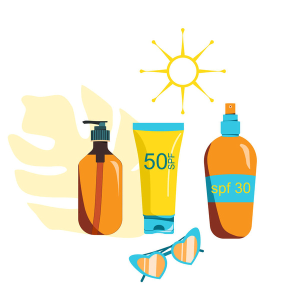 Sunscreen gel, sunblock spray, tanning oil and sunglasses. Prevention of aging and skin cancer for kids and adults. Summer flat isolated vector illustration of UV cosmetics for protecting the skin.  - Vector, Image