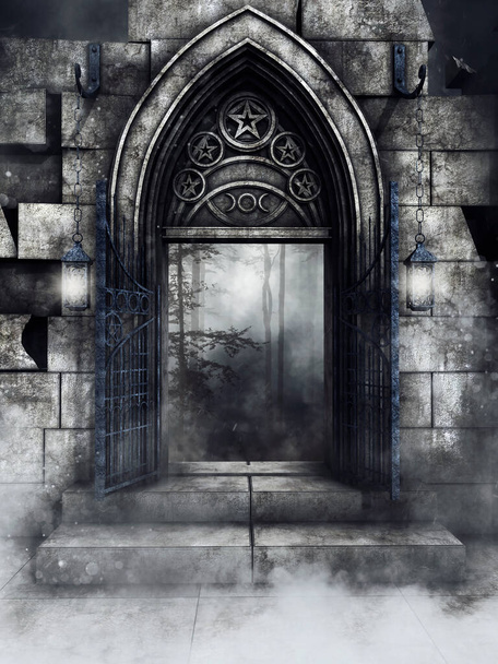 Dark scene with a gothic gate with star and moon symbols and with hanging lanterns. 3D render. - Photo, Image