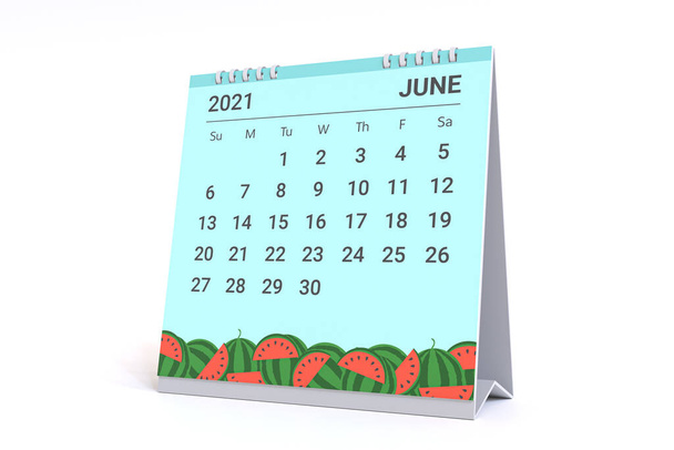 3Dレンダリング-スイカのテーマで6月のカレンダー。2021月のカレンダー週は日曜日に始まります. - 写真・画像