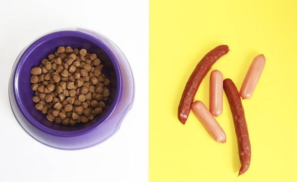cibo per cani in piatti viola e salsicce di carne
 - Foto, immagini