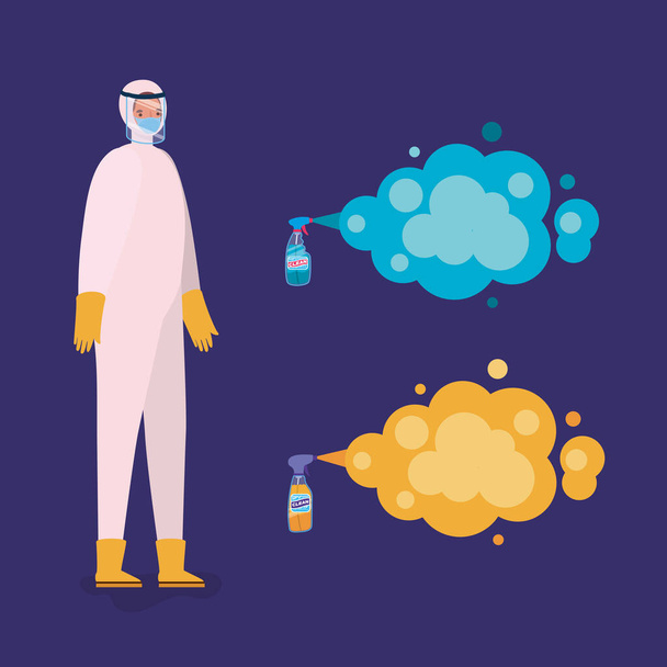 Man spraying with protective suit gloves and bottles vector design - Vector, Image