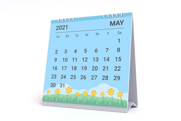 3D Rendering - Calendar for May with spring theme. 2021 Monthly calendar week starts on sunday. - Photo, Image