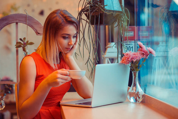 Attentive happy student, woman watching media in a laptop in her home kitchen, near window or in a coffee shop, trendy cafe wearing red dress with white polka dots. Copy space. People and technology.  - Foto, Bild