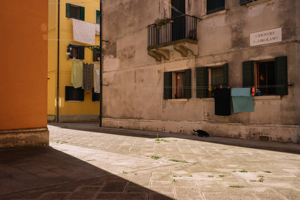 Venice, Italy - August 14, 2016: Only black cat on the street in  the Cannaregio district in Venice, Italy. - Fotoğraf, Görsel
