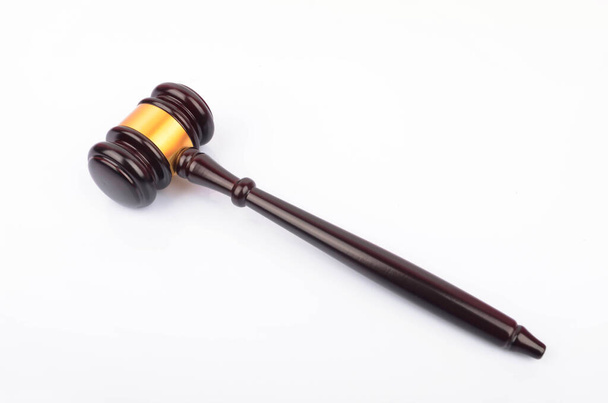 View of a judge hammer or gavel on white background. Law and jurisdiction concept. - Photo, Image