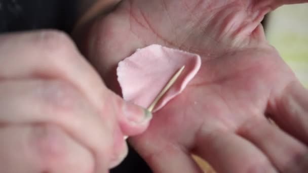 Frau macht rosa Rosen für Kuchendekoration, Zuckermastixblüten - Filmmaterial, Video