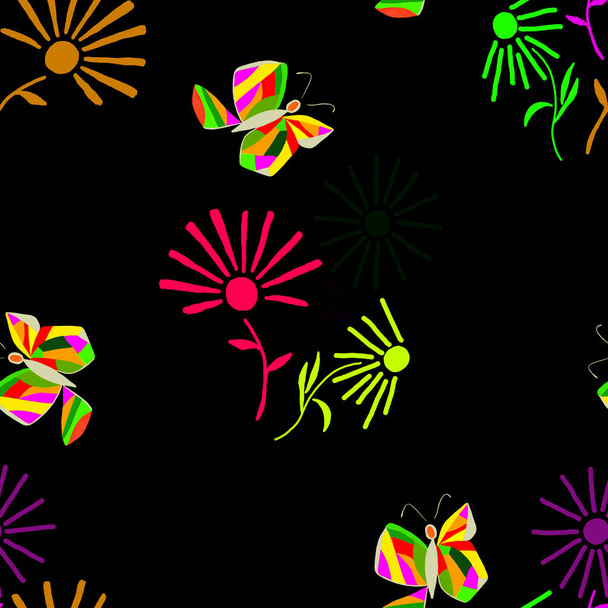 Decorative seamless pattern with abstract butterflies and flowers on black background. Beautiful summer print. Colorful creative pattern. - Photo, Image