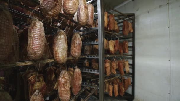 húsipari termelés lógó füstölt darab sertés - Felvétel, videó