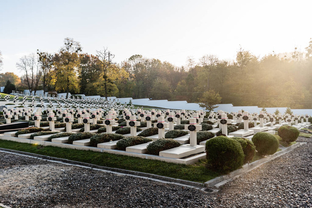 LVIV, UKRAINE - OCTOBER 23, 2019: sunlight on graveyard with crosses and lettering near green trees on lviv defenders cemetery  - Fotó, kép