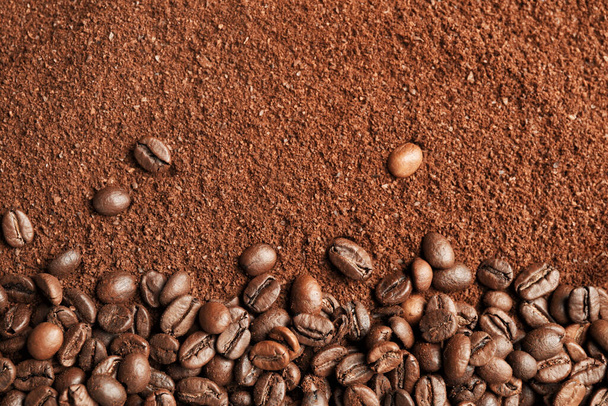 Roasted coffee beans on powder - Foto, afbeelding
