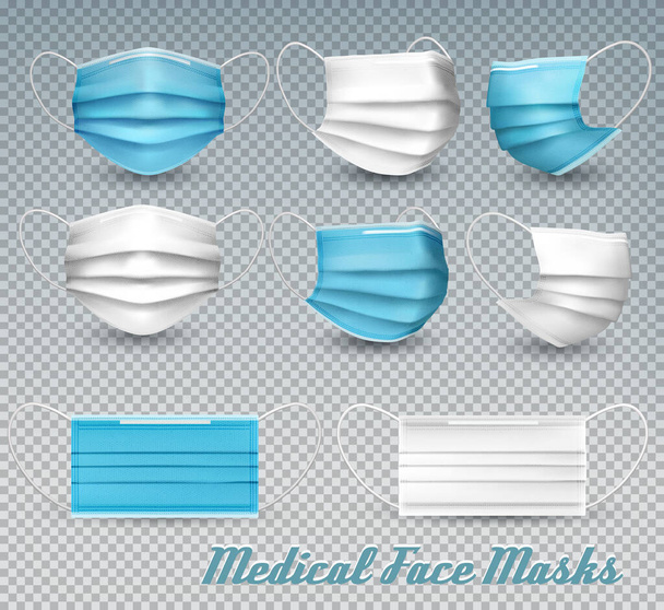 Collection of a blue and white medical face masks isolated on transparent background. To protect from infection and coronavirus Covid -19. Realistic Vector Illustration. - Wektor, obraz