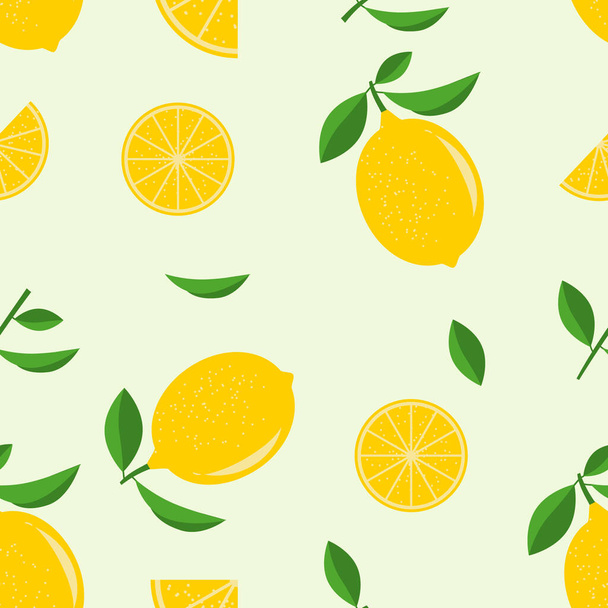 Seamless lemon pattern on a light green background. Background for printing onto fabric, packaging. - Vektör, Görsel