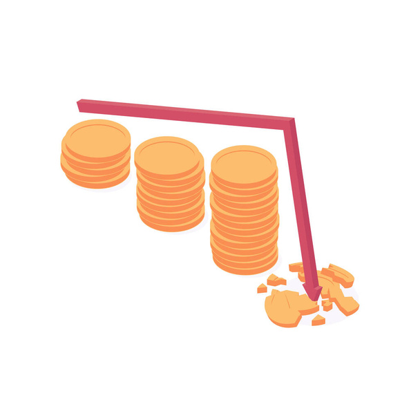Talous- ja finanssikriisi isometrinen vektori kuva nopeasti laskussa punainen nuoli murtaa kultakolikoita vakaan kasvun jälkeen rahaa pinoja. Talouden, rahoituksen ja pankkisektorin kaatuminen ja kriisi. - Vektori, kuva