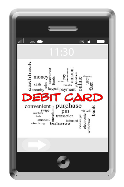 Conceito de nuvem do Word do cartão de débito no telefone Touchscreen
 - Foto, Imagem