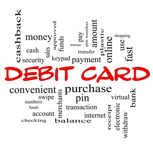 Debit Card Word Cloud Concept in red caps - Photo, Image