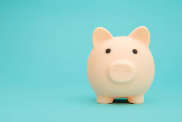 Pink piggy bank on blue background space for text. Savings concept - Foto, afbeelding