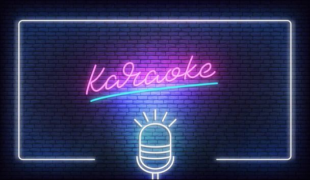 Karaoke-Neon-Vorlage. Leuchtende Plakatwand mit leuchtendem Rahmen und Schriftzug Karaoke - Vektor, Bild