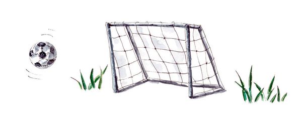Handgetekende aquarel illustratie. Een potje voetbal, een voetbal vliegt in het doel. Geïsoleerd op een witte achtergrond. - Foto, afbeelding