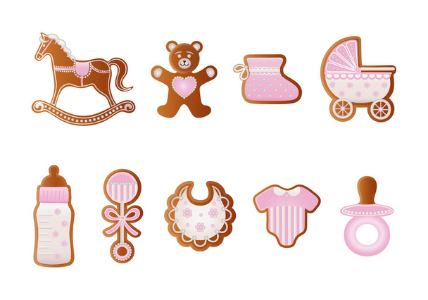Vauva suihkussa gingerbreads. Vaaleanpunaisia pikkuleipiä. Keinuhevonen, karhu, vauvan kenkä, vauvan kuljetus, ruokinta pullo, tutti, mekko, helistin ja ruokinta pullo pipareita - Vektori, kuva