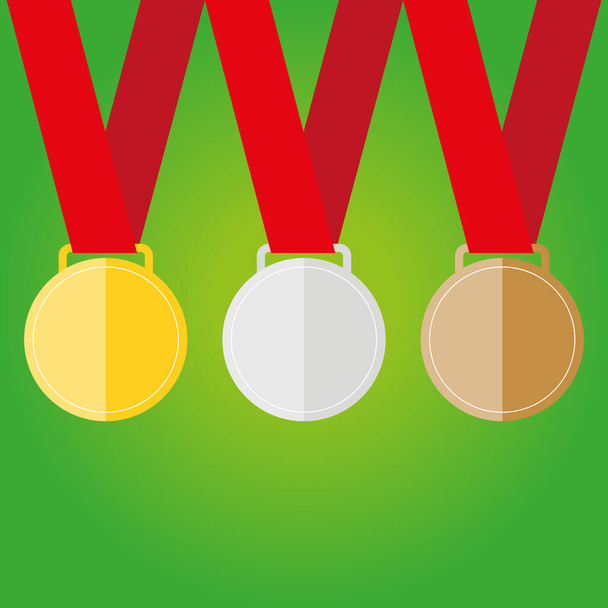 金、銀、銅メダルのアイコン。メダルセット。ベクトルセット。緑の背景に隔離されたメダル - ベクター画像