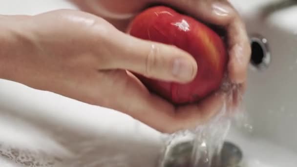 Closeup of hands washing a red Apple under running water. Healthy and clean food - Séquence, vidéo