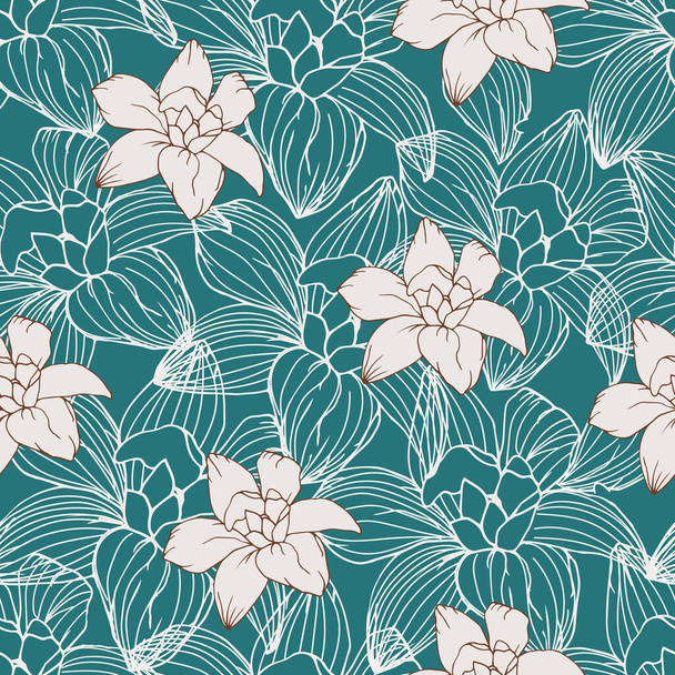 Elegant floral seamless pattern. Contour flowers on a green background for fabric, home textiles, bedding. - Vektor, kép