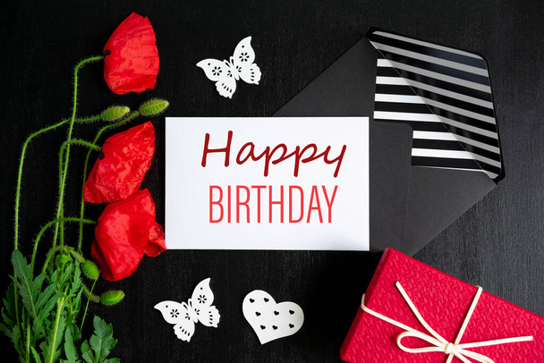 Happy Birthday. Greeting card with poppies flowers for birthday. - Zdjęcie, obraz