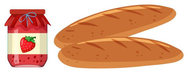 Dva bochníky chleba a sklenice jahodové marmelády ilustrace - Vektor, obrázek