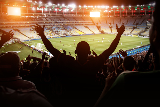 Ποδόσφαιρο, ποδοσφαιριστής υποστηρίζουν την ομάδα τους και γιορτάζουν γκολ, σκορ, νίκη. Μαύρη σιλουέτα - Φωτογραφία, εικόνα
