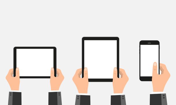 Tablets pc e telefone com as mãos definidas. Ilustração das existências
 - Vetor, Imagem