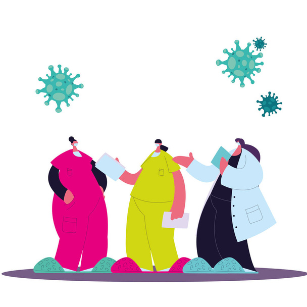 Vrouwelijke artsen met maskers en medisch uniform om coronavirus te voorkomen - Vector, afbeelding