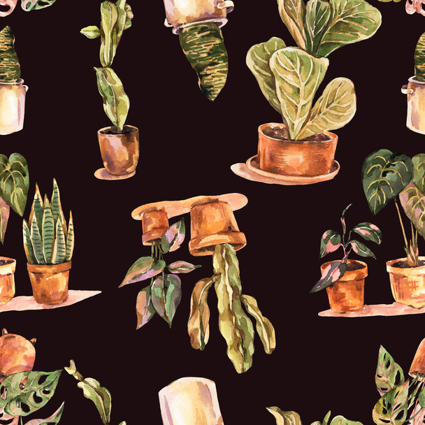 Watercolor indoor plants seamless pattern, urban jungle natural texture. Vintage design wallpaper in bohemian style on black background. Cozy home collection. Boho home decor - Photo, Image