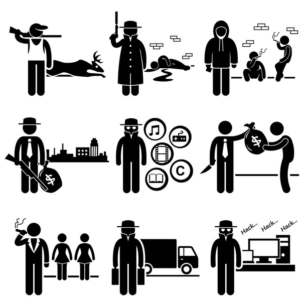 Illegal Activity Crime Jobs Occupations Careers - Poachers, Killer, Drug Dealer, Gangster, Piracy, Loan Shark, Pimps, Smuggler, Hacker - Stick Figure Pictogram - Vector, Image
