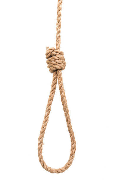 Gallows hanging rope knot tied noose white isolated - Photo, Image
