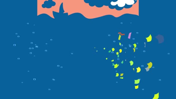 Animation über das lineare Skalieren von schönen bunten Fischen, die mit all dem Plastik sterben, das jeden Tag in den Ozean geworfen wird und an einem bösen Magenschmerz leiden, der versucht, an die Oberfläche zu gelangen, um zu atmen - Filmmaterial, Video