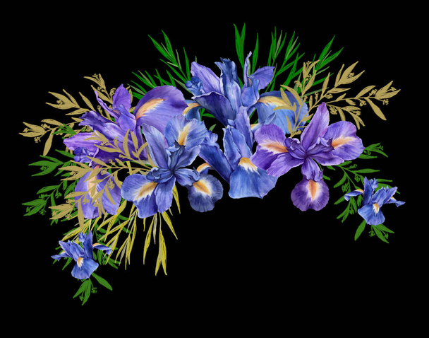 Composição de flores de íris com folhagem. Isolado ilustração aquarela
. - Foto, Imagem