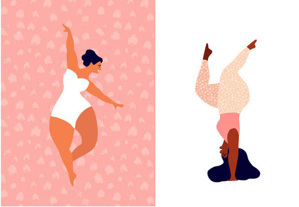 Happy women. Body positive vertical cards. Love yourself, your body lettering type.  - Vetor, Imagem