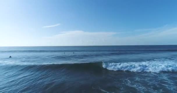 Légi drónlövés a tiszta óceán kék vizén. Alacsony hozzáállás lövés felett szörfösök elkapása hullámok életmód tevékenység - Felvétel, videó