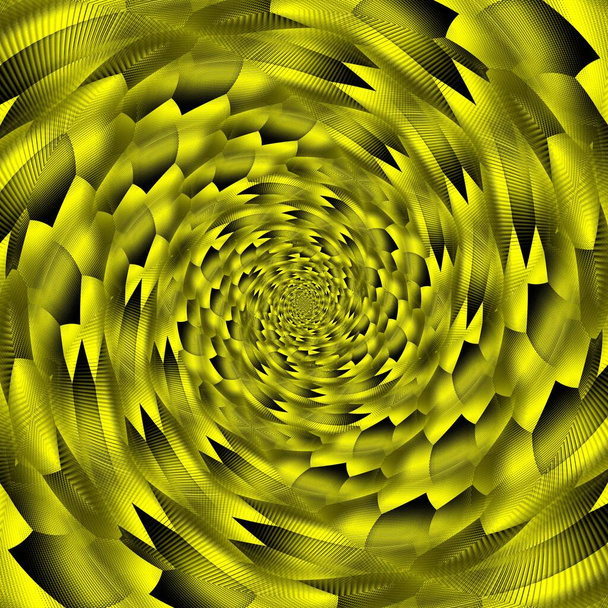 Sarı altın desenli disko ışık desenleri siyah arkaplanda birçok karmaşık şekil ve spiral dizayn oluşturur. - Fotoğraf, Görsel