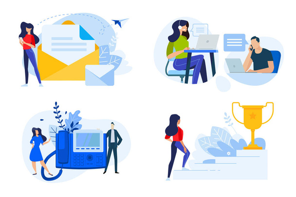 Flat design style illustrations of contact, communication, support, award, aim. Vector concepts for website banner, marketing material, business presentation, online advertising. - Vector, Image