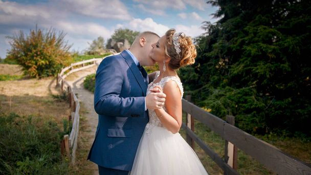 Portrait en gros plan tonique de couple nouvellement marié embrassant passionnément sur le terrain à la campagne
 - Photo, image