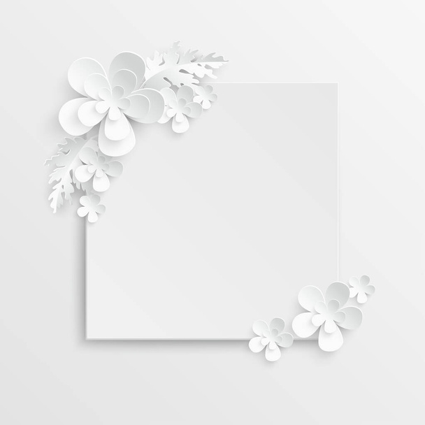 Paper flower. Square frame with abstract cut flowers. White rose. A heart. Wedding decorations. Decorative bridal bouquet. Greeting card template on white background. Vector illustration. - Vetor, Imagem
