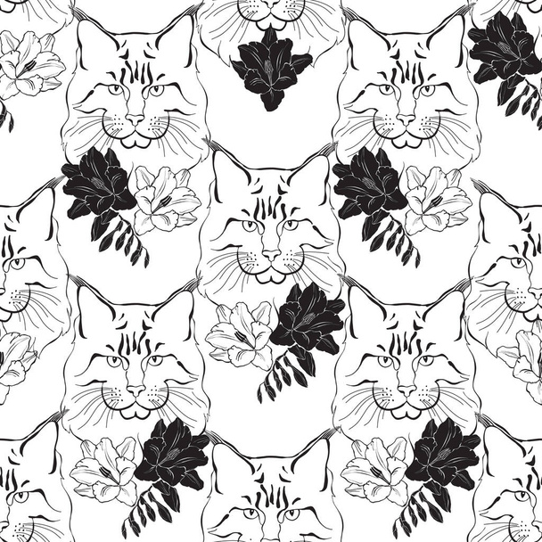 Animal art background with Maine coon face and freesia flowers.  - Вектор, зображення