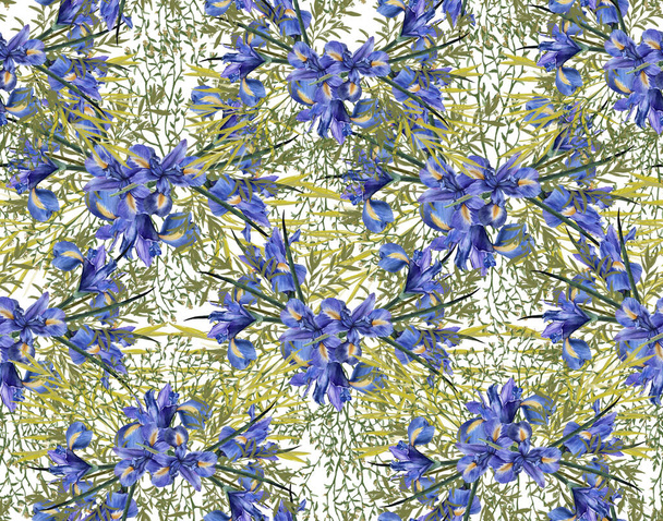 Background of iris flowers with foliage. Seamless pattern. watercolor illustration. - Фото, изображение