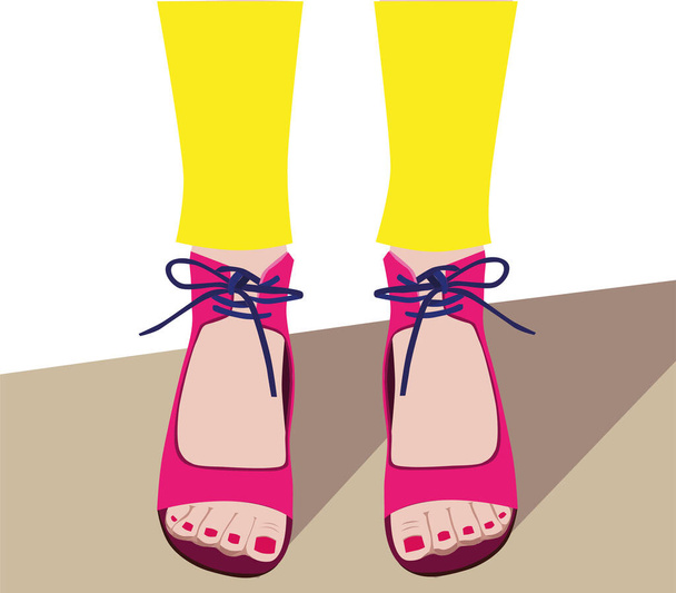 Γυναικεία πόδια σε έντονα κίτρινα κολάν και σανδάλια. Σε λευκό φόντο - Διάνυσμα, εικόνα